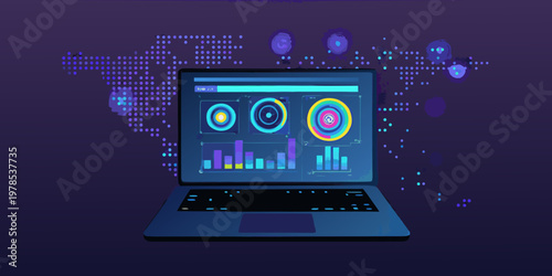 Laptop displaying data analysis with charts and a global network backdrop