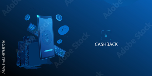 Smartphone displaying cashback rewards with shopping bags and coins