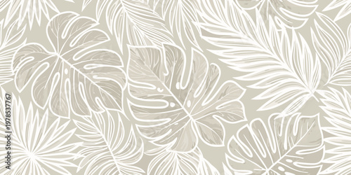 Elegant tropical monstera and palm leaf seamless pattern in neutral tones