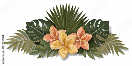 Tropical leaves and flowers arranged in a vibrant decorative composition