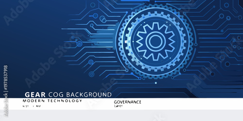 Abstract blue background featuring interconnected gears and circuit pathways