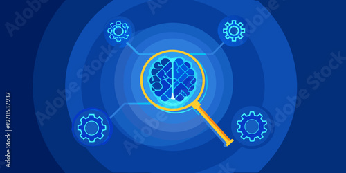 A digital illustration of a human brain under intense examination