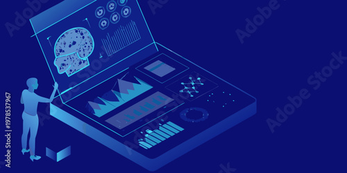 Isometric illustration of a laptop displaying data analytics and artificial intelligence