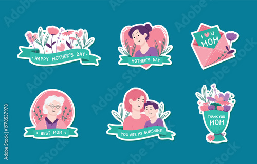Colorful mother s day stickers featuring floral designs and loving family portraits