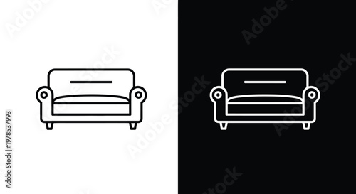 A minimalist depiction of a sofa is shown in both black and white and inverted color schemes
