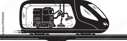 Monochrome train, train interior, industrial cleaning, cleaning cart, vector illustration
