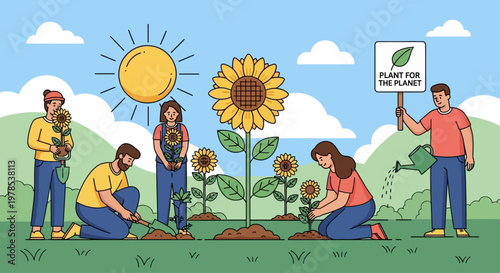 People planting International Sunflower garden in green field on sunny day