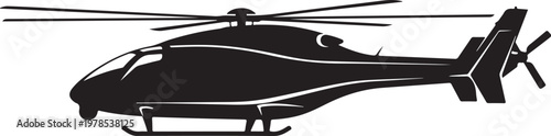 Black helicopter silhouette, vector helicopter icon, aircraft illustration, transportation symbol