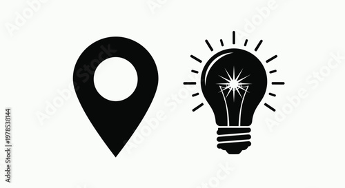 A simple graphic displays a location pin alongside a glowing lightbulb representing ideas
