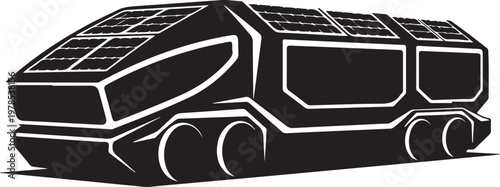 Solar powered truck, eco friendly vehicle, black and white illustration, futuristic transport