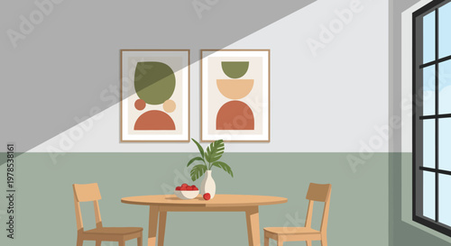 A minimalist dining room features abstract artwork a round table and a bright window