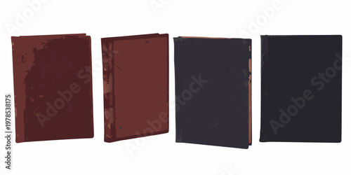 Four vintage books stand upright showcasing varying shades of red and black