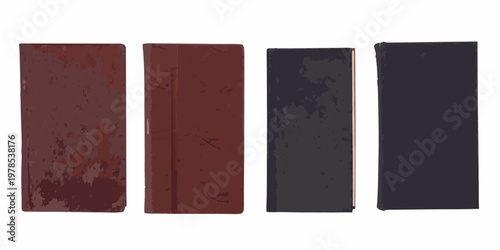 Four closed books with varying dark colored covers displayed in a row