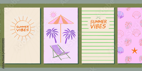 Four colorful summer themed panels with sun beach and tropical motifs