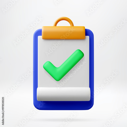 Clipboard with green checkmark as 3d icon. Task completion and survey form checklist. Business management tool for to-do list tracking and verified project status symbol. Vector illustration