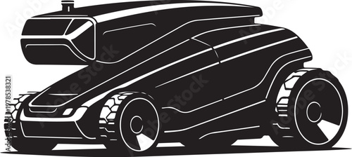 Black robotic lawn mower, autonomous gardening vehicle, modern lawnmower, vector illustration