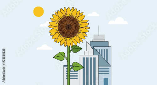 International Sunflower Blooms in City Skyscraper Garden on Sunny Day
