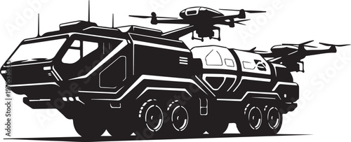 Futuristic armored vehicle, military truck, drone on top, black and white vector illustration, sci-fi transport