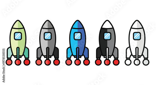 A row of five cartoon rockets in varying colors each with red booster flames