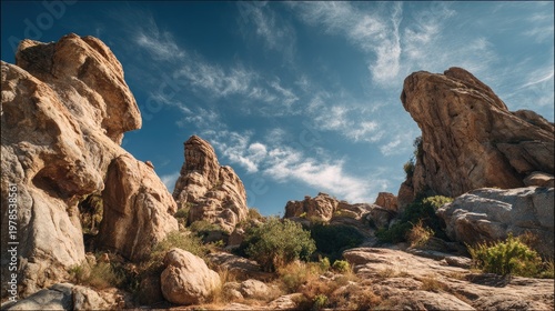 Dramatic rocky landscape under a vibrant blue sky with scattered clouds