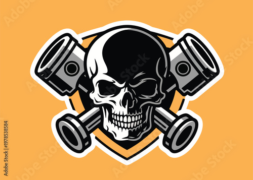 Skull Head With Two Piston Engine In Shield Illustration Creative Design Template 