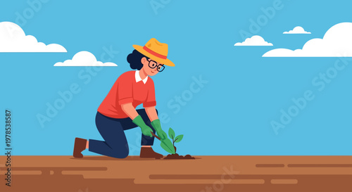 International gardener plants Sunflower in field with care and precision daily