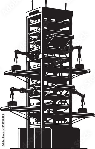 Industrial robotic arm assembly line, manufacturing machinery, factory automation, robotics engineering