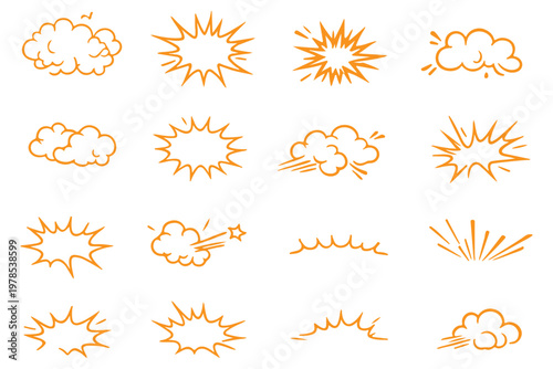 Hand drawn comic explosion burst star shape doodle set, cartoon boom sunburst and impact effect elements vector illustration on transparent background