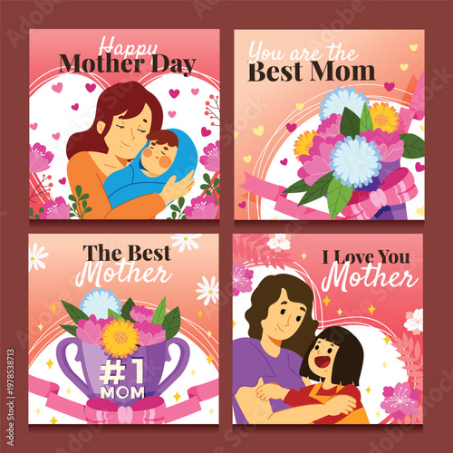 Four colorful illustrations celebrating mothers and motherhood with floral designs