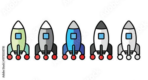 A colorful lineup of five cartoon rockets each with a unique color scheme and red details