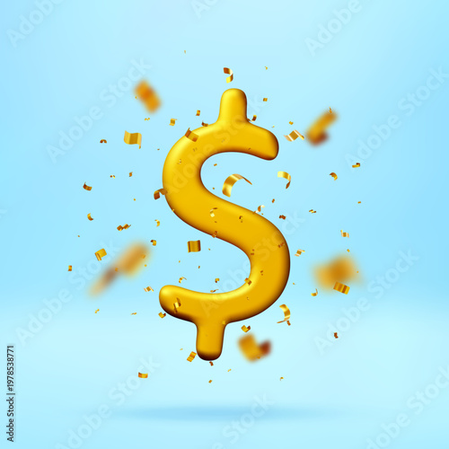 3D Golden dollar sign symbol floating with falling confetti. Finance icon for business success, wealth and banking. Digital currency design element for investment celebration. Vector illustration
