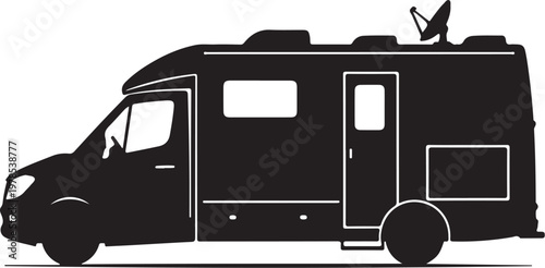 Black camper van, motorhome silhouette, RV icon, vehicle illustration