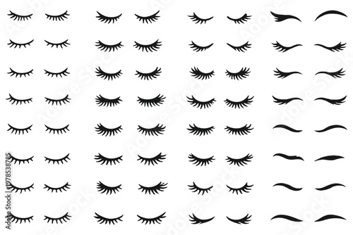 Eyelashes icon set, closed eye lashes collection, cute feminine beauty and makeup vector symbols isolated on transparent background