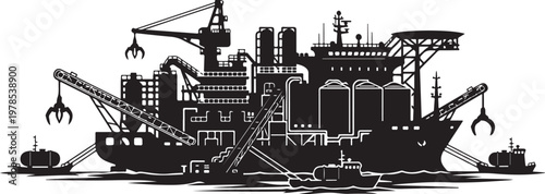 Industrial cargo ship, black silhouette, vector illustration, maritime equipment, offshore drilling platform