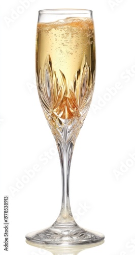 Elegant champagne glass sparkling with bubbles against a white background