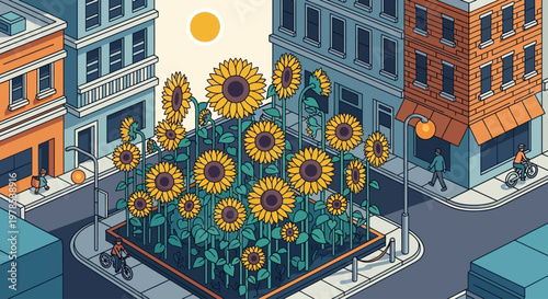International tourists admire a large Sunflower garden in a city square