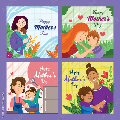 Four illustrations celebrating mother s day with loving family moments