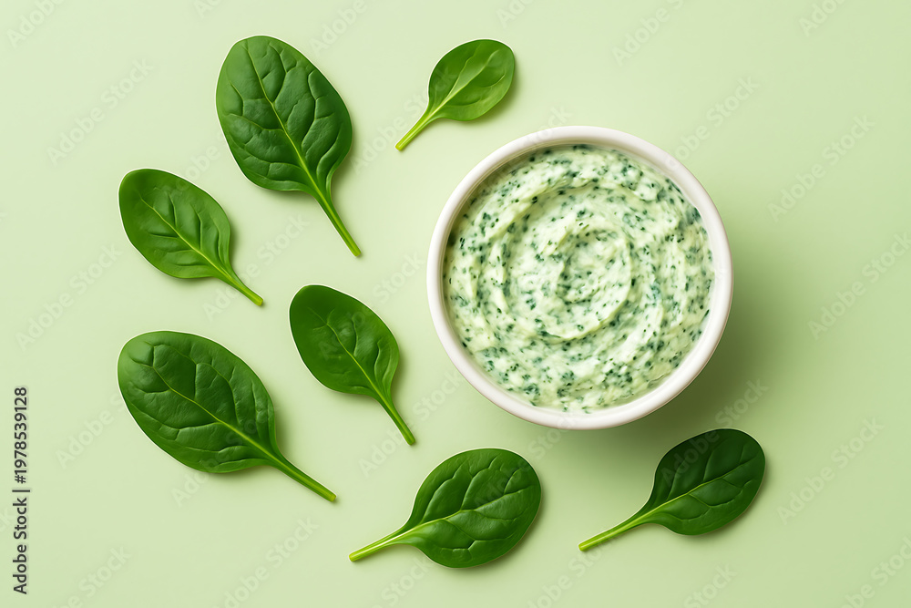 Obraz premium Fresh spinach dip with vibrant green leaves on a background