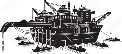 Industrial cargo ship, oil tanker, black and white vector, harbor illustration, nautical icons