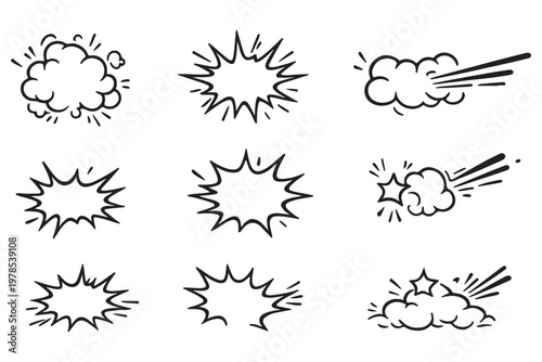 Hand drawn comic explosion burst star shape doodle set, cartoon boom sunburst and impact effect elements vector illustration on transparent background