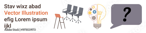 Teamwork, brainstorming, collaboration, innovation, problem-solving, creativity. Three chairs, a lightbulb with gears inside and a speech bubble. Teamwork and brainstorming conceptual design