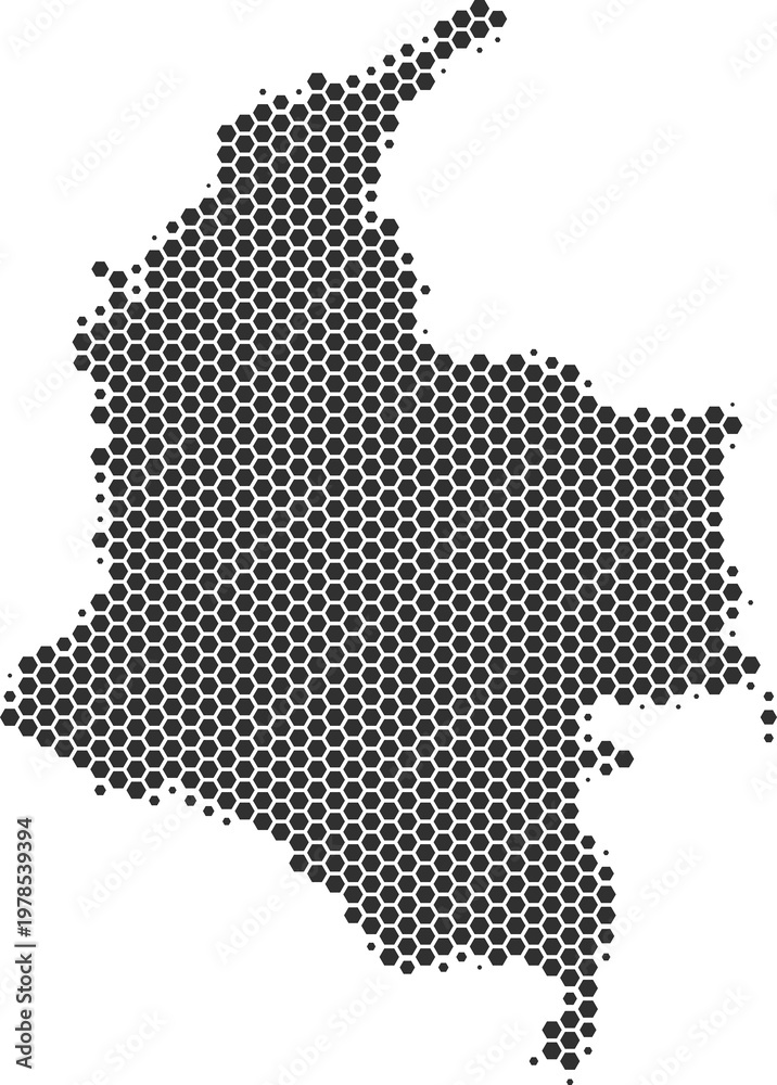 Obraz premium Colombia map hexagonal half tone pattern isolated transparent PNG design element. Modern technological contour map of Colombia for design, infographic, presentations or business projects