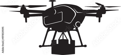 Drone, quadcopter, aerial vehicle, black silhouette, white background