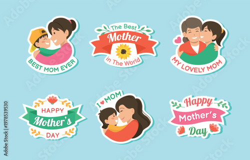 Colorful stickers celebrating mothers and motherhood with heartfelt messages