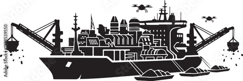 Industrial cargo ship, black silhouette, vector illustration, industrial transport, cargo vessel