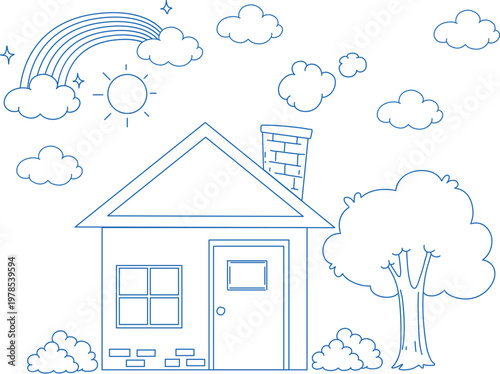 Black and white family doodle with house clouds and trees vector