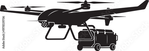 Drone, aerial vehicle, unmanned aircraft, silhouette, black and white, vector icon