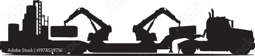 Industrial construction silhouette, heavy machinery icons, excavator truck, cargo ship