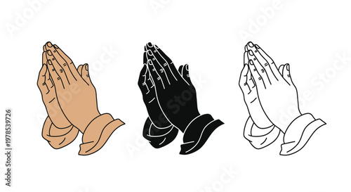 Three variations of praying hands are displayed rendered in beige black and white line art styles