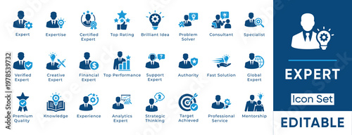 Expert icon set. Containing specialist, consultant, mentorship, problem solver, knowledge, experience, authority and more. Solid vector icons collection.